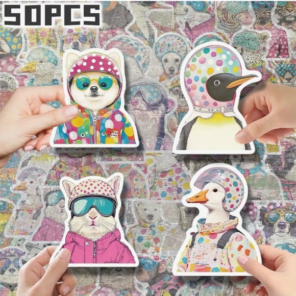 50 Animals in Pop Art Outfits Stickers Polka Dots Glasses Hats Jackets Fun Color - Picture 7 of 9
